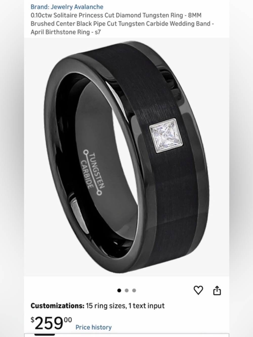 Men’s black Tungsten Carbide and diamond Wedding Band or April birthstone ring